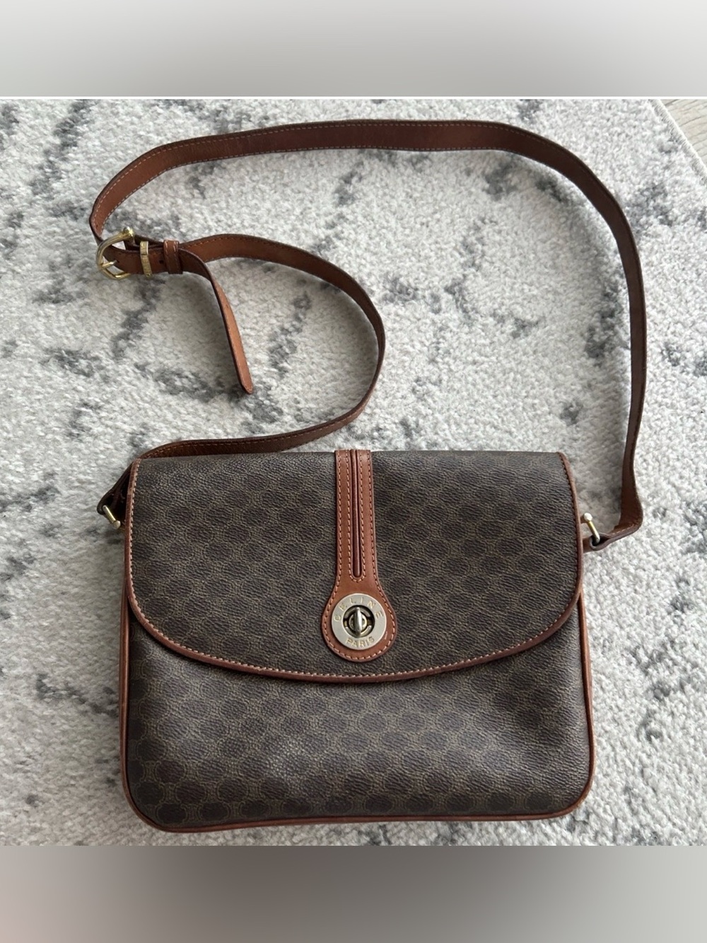 CELINE Logo Macadam Pattern Crossbody Shoulder Bag PVC Leather Brown 67GA856